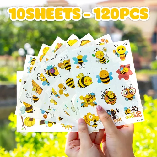 Vista 8 de 120 tatuajes temporales precortados de abeja para niños Recuerdos de fiesta de cumpleaños temáticos súper lindos, suministros, decoraciones