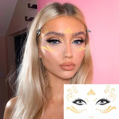 Vista 4 de Uranian Calcomanías temporales para tatuajes faciales dorados, pecas para mujeres, transferencia de mariposas, tatuajes metálicos, estilos mixtos