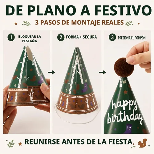 Vista 4 de Vesil Mini sombreros de fiesta para niños, 12 sombreros de cumpleaños de estilo de animales de peluche, decoración de mesa de bosque, tapas de Diy