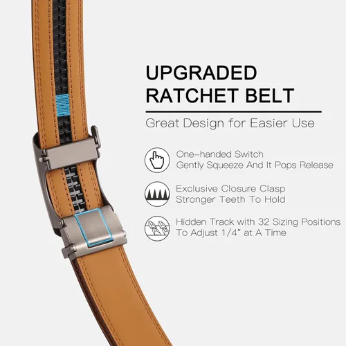 Vista 3 de SENDEFN Cinturón de cuero para hombre con hebilla de trinquete automática, cinturones casuales de 1 38 pulgadas de ancho, ribete ajustable