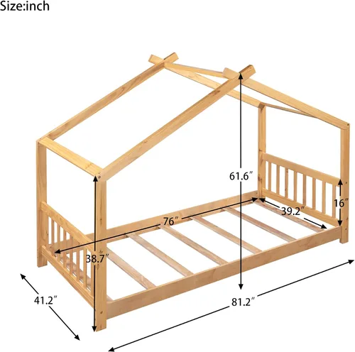 Vista 2 de Merax Cama de plataforma de casa de tamaño individual con cabecero y estribo, marco de cama de madera con diseño de techo para dormitorio,