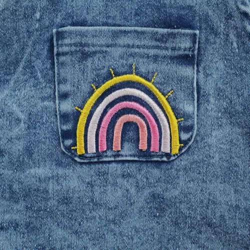 Vista 7 de Yoawdats Mameluco de mezclilla de Pascua para bebé niña, traje de mezclilla con manga de mosca + gorro, conjunto de regalo para bebé arcoíris