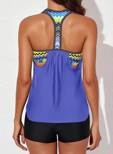 Vista 2 de Aleumdr Womens Blouson Striped Printed Push up Strappy T-Back Tankini Top with Shorts