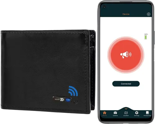 Vista 8 de Cartera para hombre con rastreador funciona con iOS y Android, billetera con billetera plegable de cuero auténtico, 8 tarjetas y 1 ventana para Negro