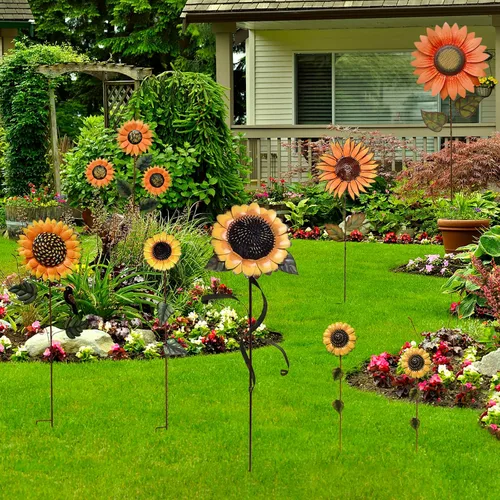 Vista 5 de Estacas de jardín de flores, letrero de metal para patio, estaca decorativa de plantas de girasol, arte de césped, decoración de patio, adornos