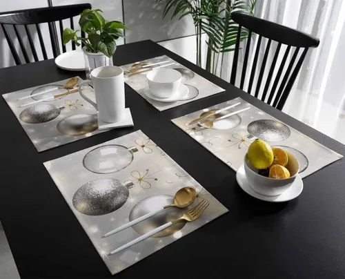 Vista 2 de Juego de 6 manteles individuales de bolas de Navidad para mesa de comedor, paño de lino de algodón para mesa cuadrada/rectangular/redonda