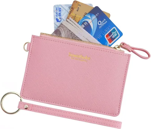Vista 11 de Estuche Delgado para Tarjetas RFID para Mujer con Correa de Muñeca, Cartera con Cremallera para ID, Cartera de Cuero Pequeña, Monedero con Llavero