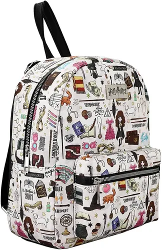 Vista 3 de Harry Potter Hogwarts Chibi Personajes e iconos en toda la mochila impresa en blanco