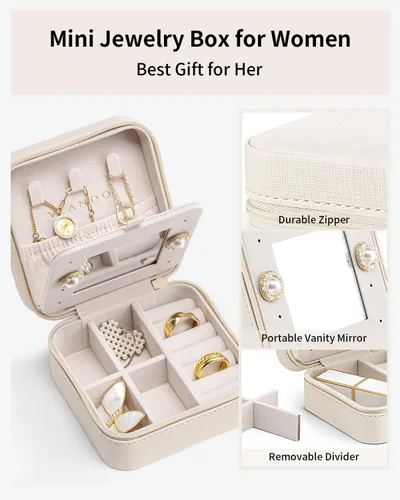 Vista 3 de Vlando Pequeño organizador de joyas de viaje, vitrina para niñas, mujeres, regalo anillos, aretes, collares, almacenamiento con espejo, color blanco