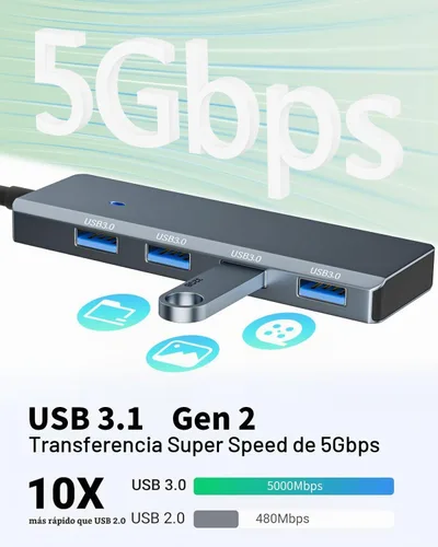Vista 3 de Hub USB 3.0 4 puertos con USB-A/C, adaptador de aluminio de transferencia Gris
