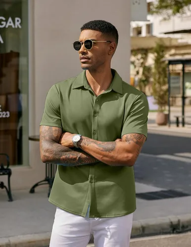 Vista 2 de COOFANDY - Camisas sin arrugas para hombre, casual, manga corta, con botones, de verano, elástica, de vestir