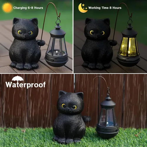 Vista 4 de Estatua solar de jardín, estatuas de gato negro, decoración de jardín con luz LED, estatua al aire libre para patio, balcón, césped, adorno