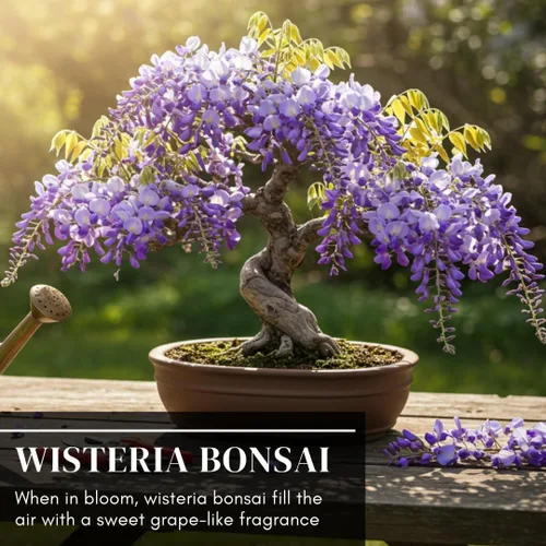 Vista 3 de Semillas de bonsái de glicina llorona para plantar – 10 semillas Flores moradas en cascada Bonsái de floración al aire libre Árbol de vid