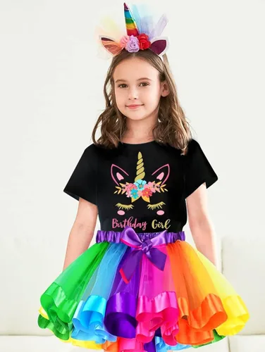 Vista 2 de Doctor Unicorn Conjunto de cumpleaños para niñas, vestido con falda de tutú, camiseta de unicornio, diadema y banda de satén