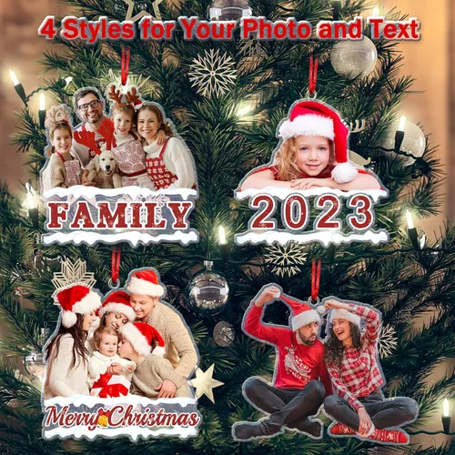 Vista 2 de Adornos de Navidad personalizados con foto personalizada, adornos acrílicos personalizados con texto de imagen personalizado 2023, familia, pareja