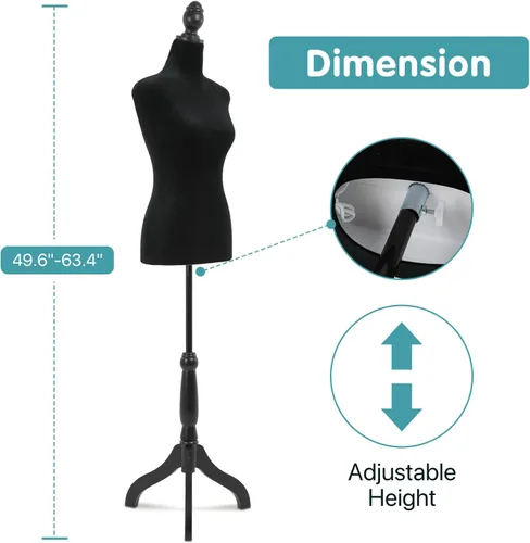 Vista 6 de Vestido de maniquí femenino con altura ajustable de 49.6 a 63.4 pulgadas, con trípode de madera para ventana, tienda, joyería, costura (negro)