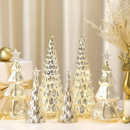 Vista 6 de Set de 6 figuras de árbol de Navidad de mesa iluminadas de vidrio de mercurio con luces LED, operadas por batería, centros de mesa iluminados