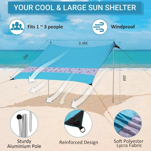 Vista 2 de Villey Tienda de campaña de playa con protección UPF50+, parasol portátil de 8 x 7 pies con 2 postes de estabilidad, 8 clavijas de tierra, 4 sacos