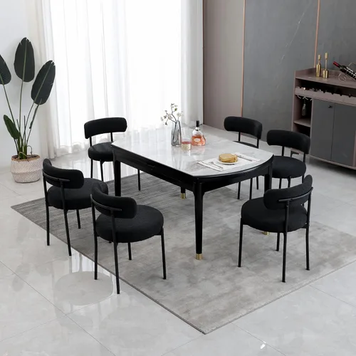 Vista 11 de DYHOME - Juego de 2 sillas de comedor de bouclé negro, sillas de cocina modernas de mediados de siglo con respaldo curvo y patas de metal, sillas