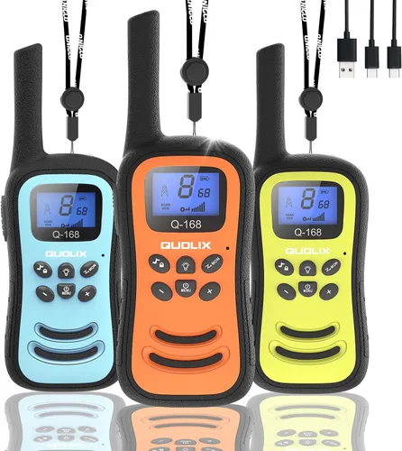Vista 14 de QUOLIX Walkie Talkies para niños, paquete de 2 unidades, juguetes recargables para niños de 3 a 12 años, Walkie Talkie de largo alcance con 22