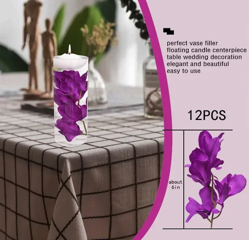 Vista 7 de 12 piezas de orquídeas artificiales moradas para centros de mesa de velas flotantes, rellenos de jarrón de flores artificiales para fiesta de mesa