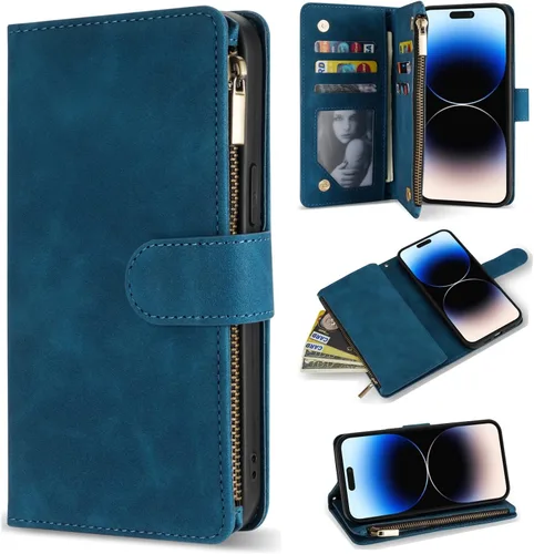 Vista 11 de ZZXX Funda tipo cartera para iPhone 14 Plus con [Bloqueo RFID] Ranura para tarjetas Cuero PU suave premium con cremallera tipo folio plegable