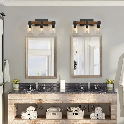 Vista 2 de DUJAHMLAND Lámpara de tocador de granja, lámpara de pared de madera de baño de 3 luces sobre espejo con pantalla de vidrio transparente, iluminación