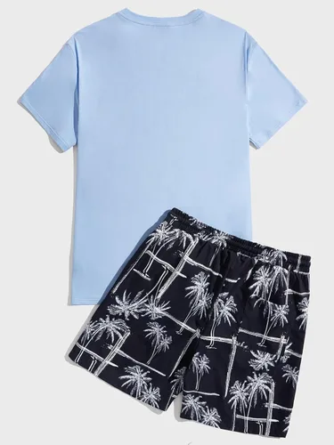 Vista 68 de GORGLITTER Conjunto de 2 piezas de camiseta gráfica de manga corta para hombre, estampado hawaiano con cordón y pantalones cortos