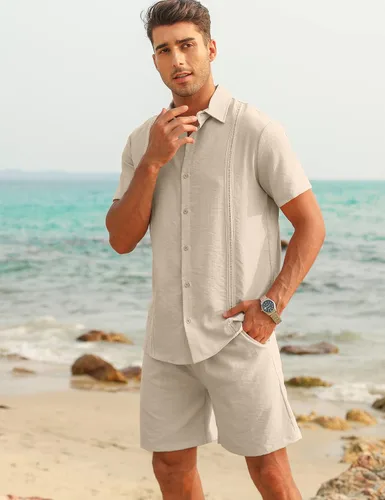 Vista 2 de LecGee Conjunto corto casual de verano para hombre, camisa cubana de lino de manga corta, pantalones cortos con cordón en la cintura, trajes