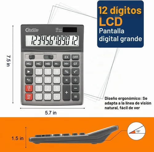 Vista 2 de Calculadora de escritorio de 12 dígitos con pantalla LCD grande, botones grandes, función estándar básica, calculadora solar con batería