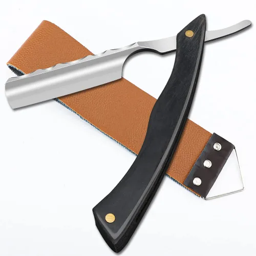 Vista 14 de Navaja de afeitar recta con estropajo - Afeitadora profesional de borde recto de acero inoxidable premium para barbero con estropajo para aseo