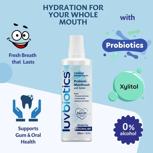 Vista 4 de Luv Biotics Enjuague bucal sin alcohol con probióticos orales, xilitol para un aliento fresco, salud de las encías y soporte para el microbioma