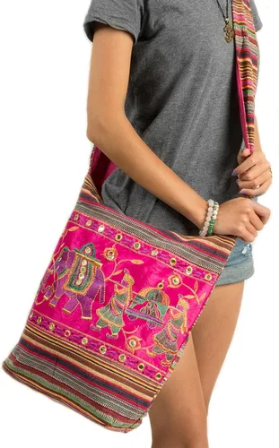 Vista 3 de Bolsa de hombro rosa bordada hecha a mano elefante bohemio hippie bolsa de playa gitana