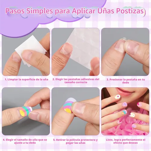 Vista 4 de 144 Piezas de Uñas Postizas a Presión para Niñas, Uñas Postizas para Niñas con Kit de Pegamento, Lindas Puntas de Uñas con Adhesivo de Uñas