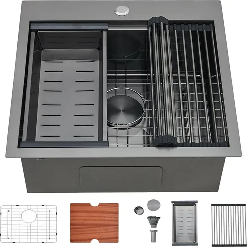 Vista 7 de SHACO Fregadero de barra de 15 x 15 pulgadas, fregadero de cocina pequeño de acero inoxidable de 15 pulgadas, fregadero de cocina pequeño de un solo