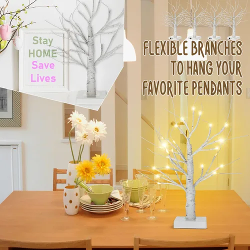 Vista 4 de Macarrie 4 piezas árbol de abedul con luces LED, decoraciones de Navidad y boda, mini ramas artificiales blancas iluminadas para mesa, funciona