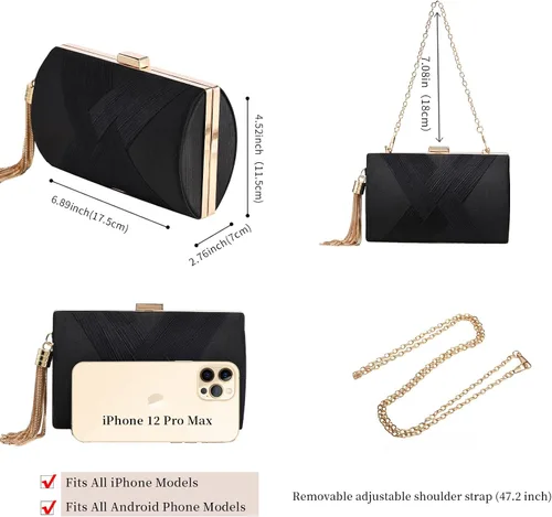 Vista 3 de Bolso de mano para mujer, bolso de mano de noche con borla, bolso cruzado y bolso de hombro para fiesta de noche de boda