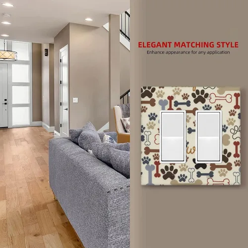 Vista 7 de Cubierta decorativa para interruptor de luz basculante doble con diseño de patas de perro, diseño de huellas de perro, placa frontal artística
