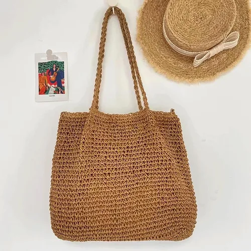 Vista 7 de JI YA LI Bolso de playa de paja suave tejida a mano, bolso de mano casual vintage de ratán bolso de mano bohemio Wowen Tote Basket Bolsa