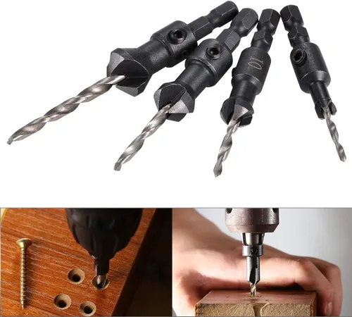 Vista 8 de KATUR Juego de 4 brocas avellanadoras de cambio rápido con vástago hexagonal de 0.098 in, vástago hexagonal de carpintería con una llave hexagonal