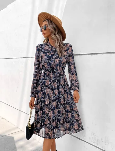 Vista 3 de HAOKEKE Vestidos de trabajo para mujer 2023 de manga larga de gasa negro vestido retro plisado botones abajo corbata lazo suelto vestidos casuales