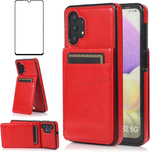 Vista 8 de Funda de teléfono para Samsung Galaxy A32 5G de 6.5 pulgadas con protector de pantalla de vidrio templado, soporte para tarjeta de crédito, soporte