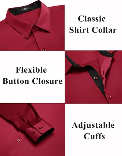Vista 5 de COOFANDY Camisa de vestir de satén de lujo para hombre, de seda brillante, manga larga, con botones, camisa de boda, fiesta, baile de graduación