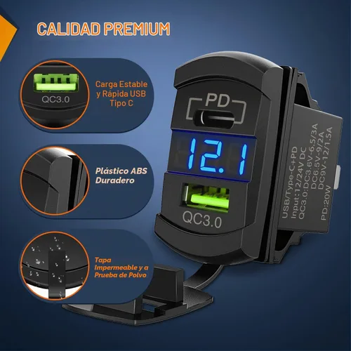 Vista 3 de Nilight Interruptor de palanca con salida USB estilo LED voltímetro conector rápido 12V PD tipo C y USB QC 3.0 para automóviles, reemplazo