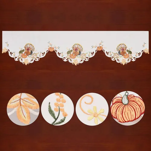 Vista 2 de Mantel bordado de pavo para decoración de vacaciones de Acción de Gracias (70 x 17 pulgadas)