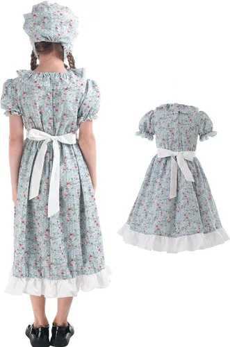 Vista 4 de FCCAM Colonial Costume Girls Short Sleeve Pioneer Dresses for Girls Laura Ingalls Wilder Dress with Bonnet