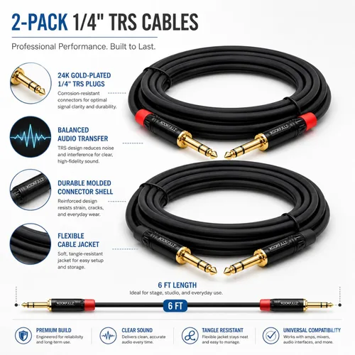 Vista 2 de Cable de altavoces, TRS equilibrado de 6 pies 1/4 ", paquete de 2