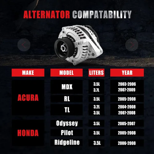 Vista 2 de AND0339 11150 11151 31100-RDJ-A01 Alternador compatible con Acura MDX RL TL para Honda Odyssey Pilot Ridgeline 3.2 3.5L 3.7L, 11099 Alternador