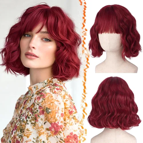 Vista 31 de BARSDAR Peluca corta ondulada con reflejos castaño, peluca corta ondulada con flequillo para mujer, gruesa, suave, sintética, texturizada, rizada