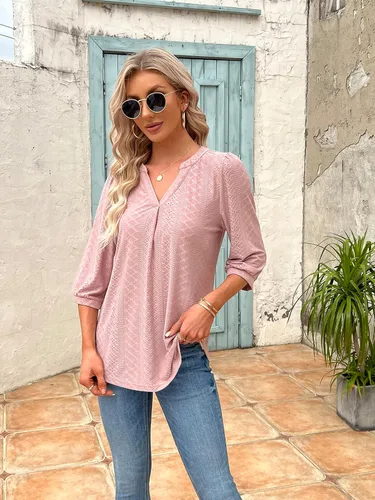 Vista 4 de Blusas de manga 34 para mujer, con ojales, estilo casual, cuello en V
